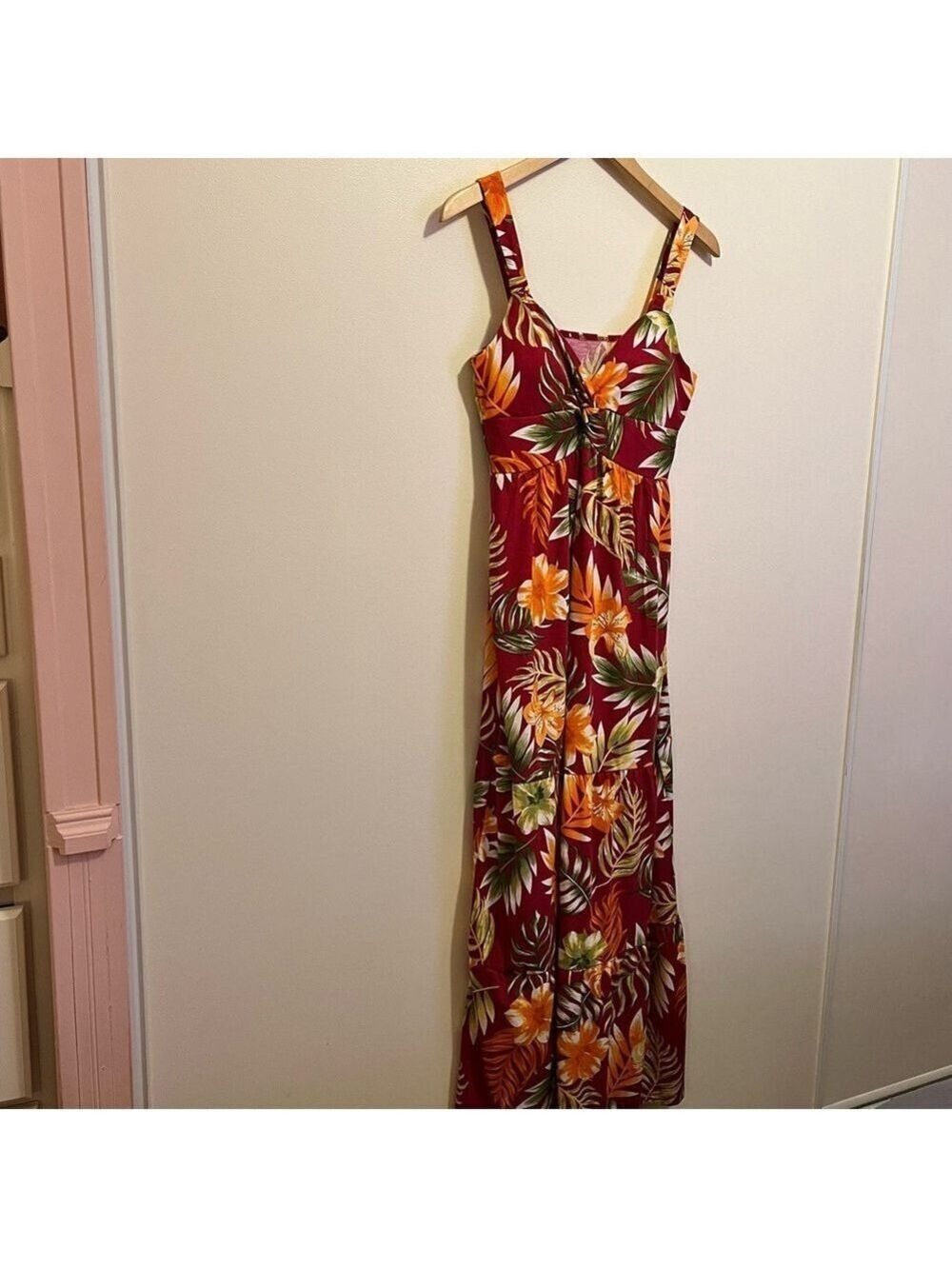 Tropical Red Floral Maxi Dress – S/M (Estimated) vacay resort beach flowy tiki